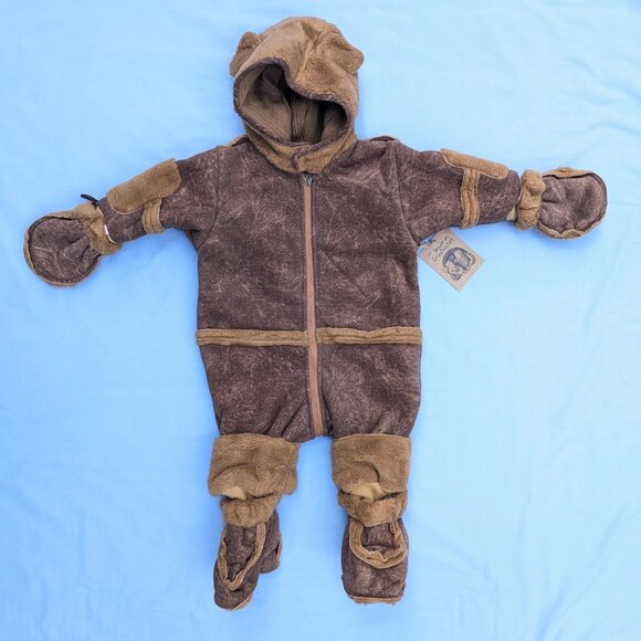 Kids 18 Month Brown Teddy Bear Bunting Zip Up Snowsuit Winter Cozy Faux Fur NWT - Picture 1 of 8